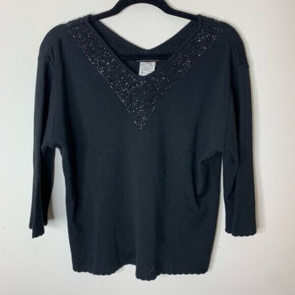 Vintage 90s Dolce Bella Wool Sequin Embroidery Sweater Black Scalloped Hem L - Picture 3 of 11